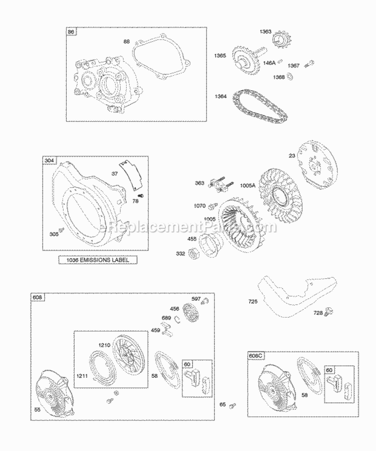 Blower HousingShrouds Flywheel Gear Reduction Rewind Starter Diagram and Parts List for 124332-0036-E1  Briggs and Stratton Engine